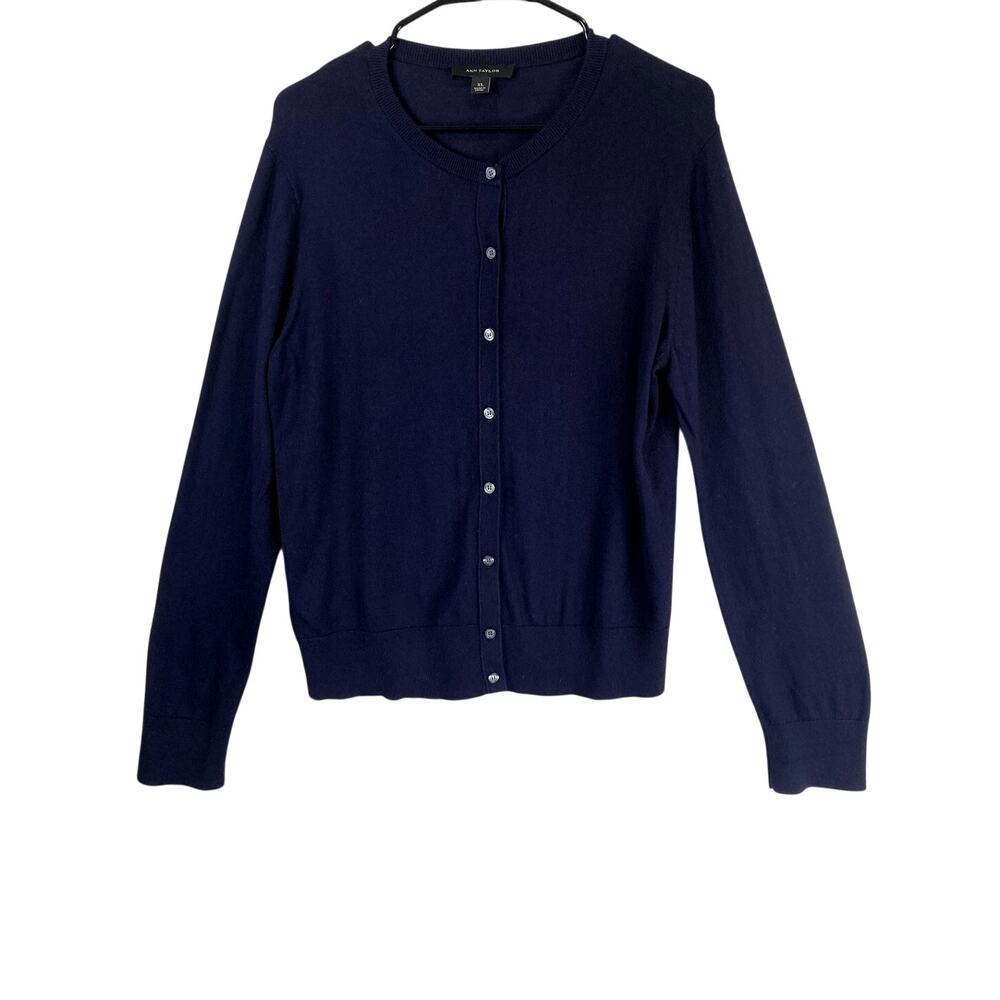 Ann Taylor women's cardigan in blue, lightweight crew neck.